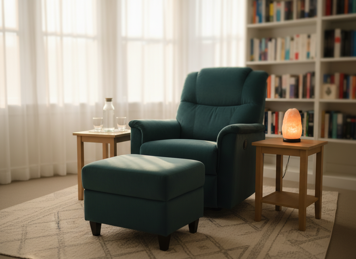 A tranquil hypnotherapy room without any people, featuring a plush, deep teal recliner with a soft, velvety texture and a matching footrest angled slightly toward the center. The recliner sits on a pale, woven rug with subtle geometric patterns, surrounded by light oak side tables holding a water carafe and a small, glowing salt lamp. Soft, warm light filters through sheer white curtains covering a large window, creating gentle highlights on the fabrics and casting diffused shadows. Photographic realism at eye level, with a shallow depth of field that softly blurs the background bookshelf of mindfulness and neuroscience titles, conveying calm, safety, and emotional relief from anxiety.